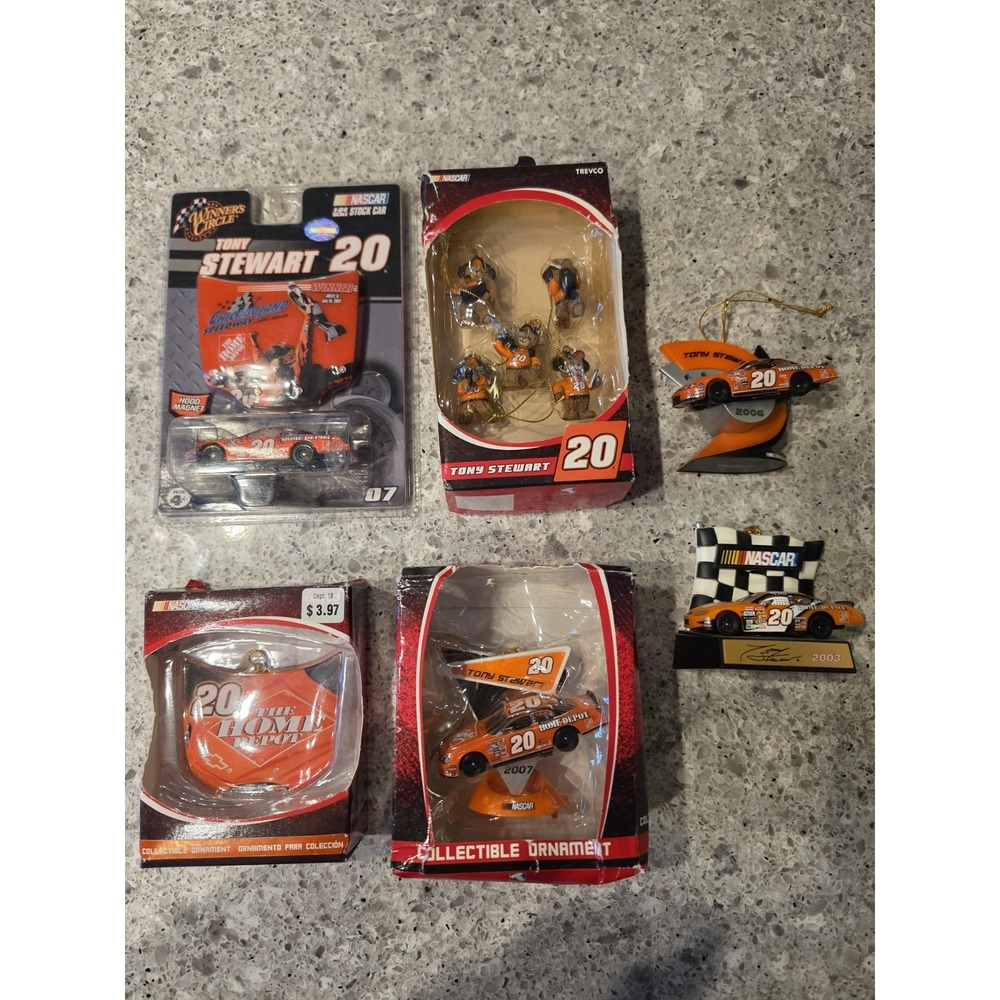 Lot of Six NASCAR Tony Stewart #20 Collectibles Ornaments In Box & a Flag